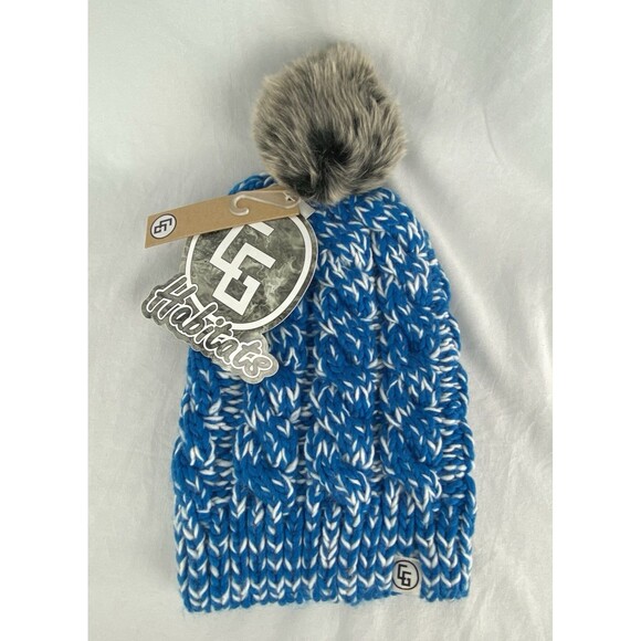 NWT CG Habitats Hat Women OS Snow Bunny Knitted Blue White Beanie Faux Fux Pom - Picture 1 of 8